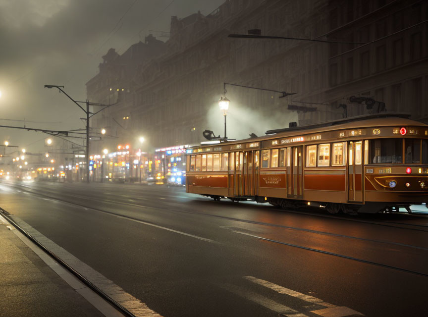 Vintage tram in foggy urban scene at dusk