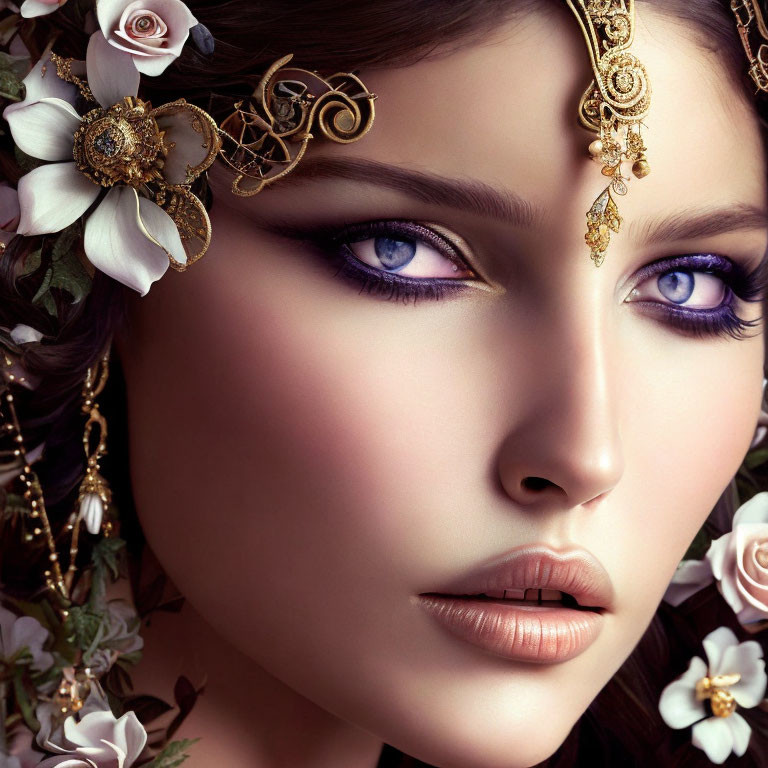 Detailed Digital Portrait of Woman with Striking Violet Eyes and Gold Jewelry