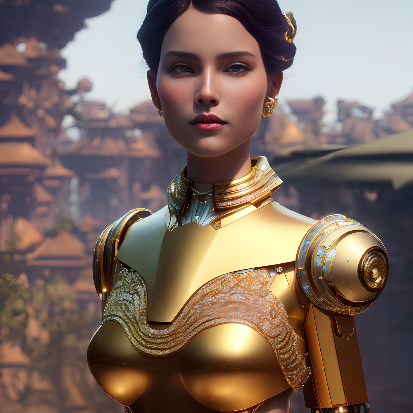 Futuristic digital artwork of woman in golden armor and intricate designs