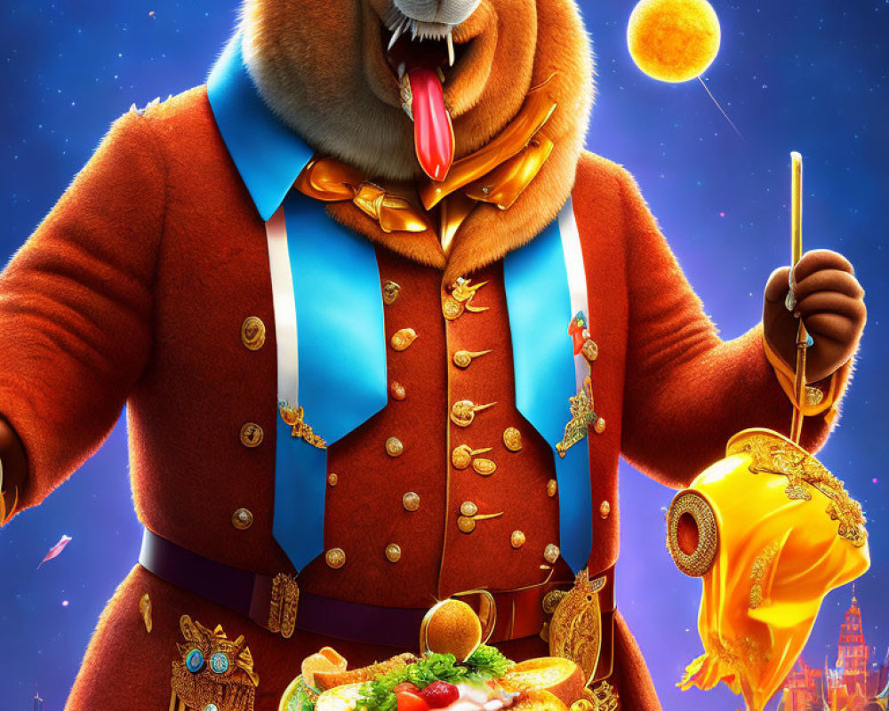 Regal animated bear in royal attire at magical feast