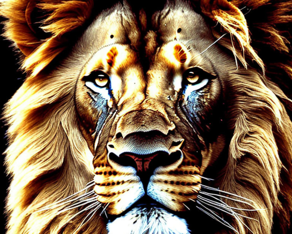 Vibrant lion face digital art with blue eyes and intricate fur details