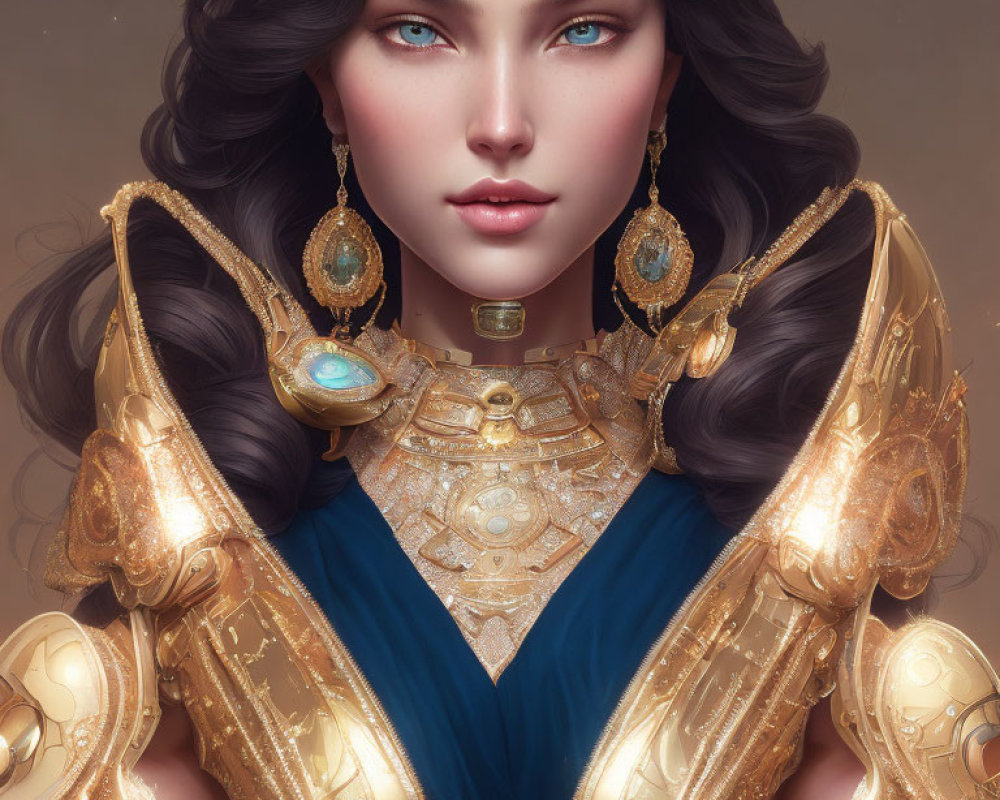 Digital artwork of woman with blue eyes, dark hair, and golden armor with turquoise gemstones on warm