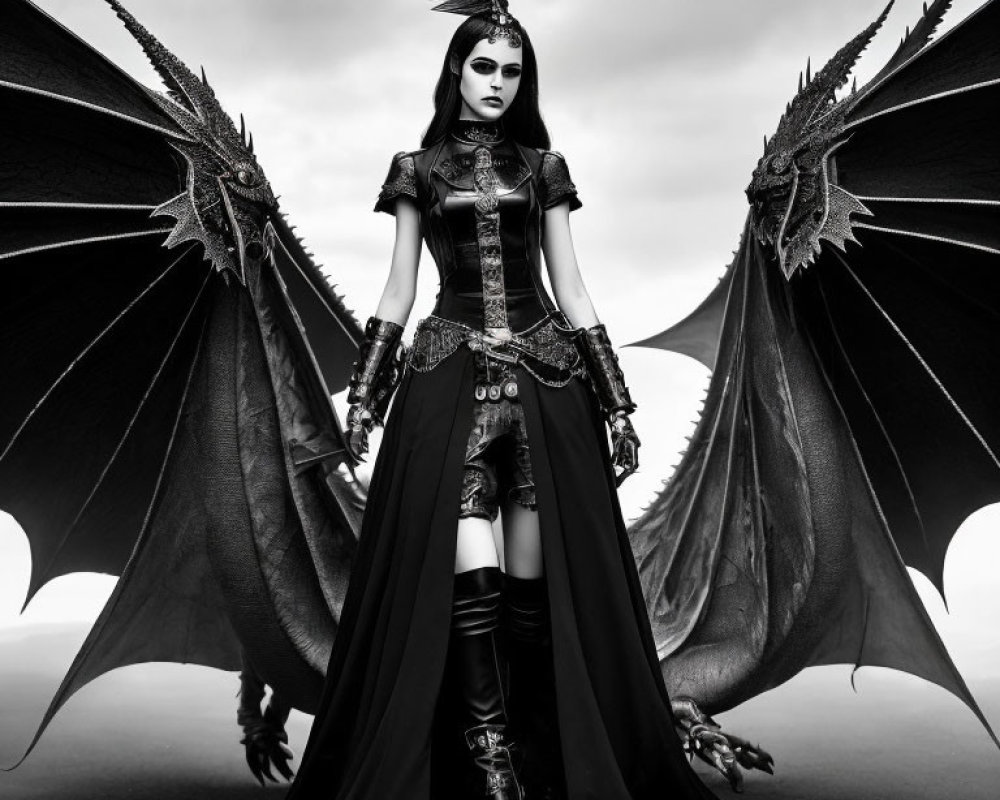 Monochrome image of woman in gothic attire with dragon wings