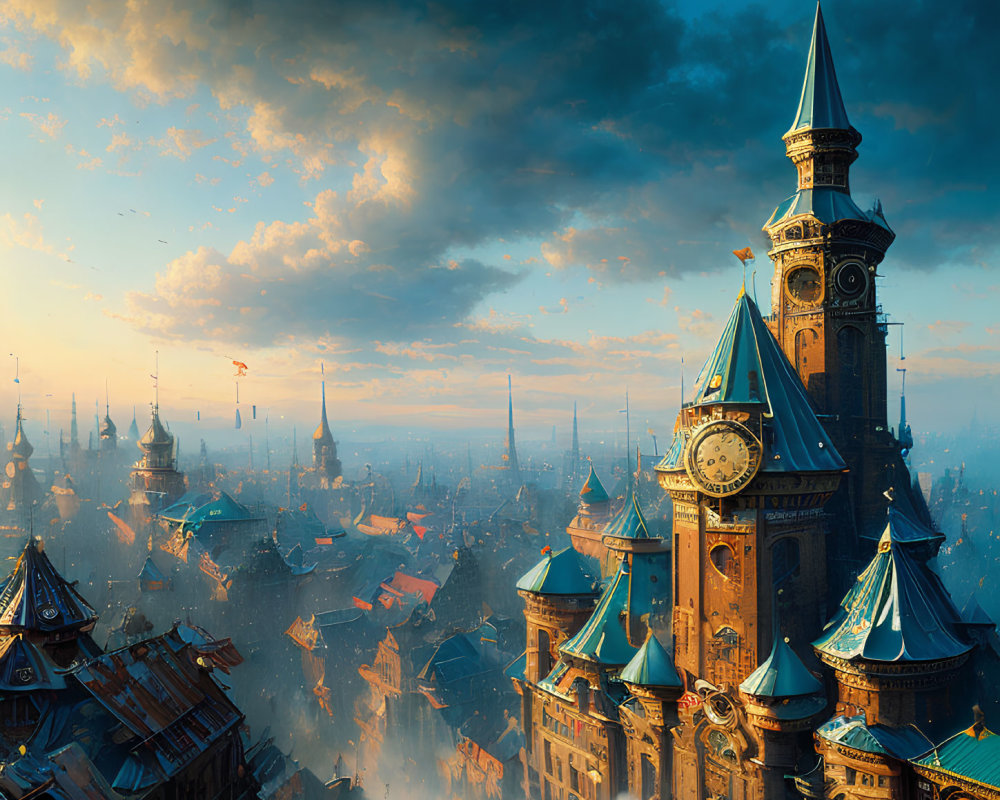 Fantastical sunset cityscape with ornate buildings and clock tower.