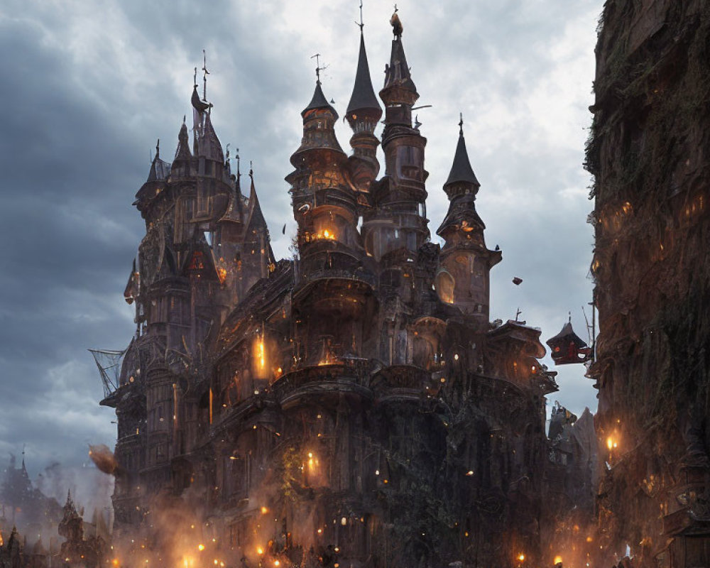 Detailed Gothic castle in dark landscape with torches, creating mystical ambiance