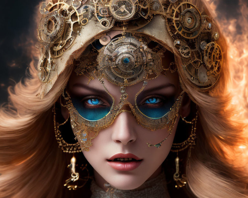 Woman with Striking Blue Eyes in Golden Steampunk Headpiece