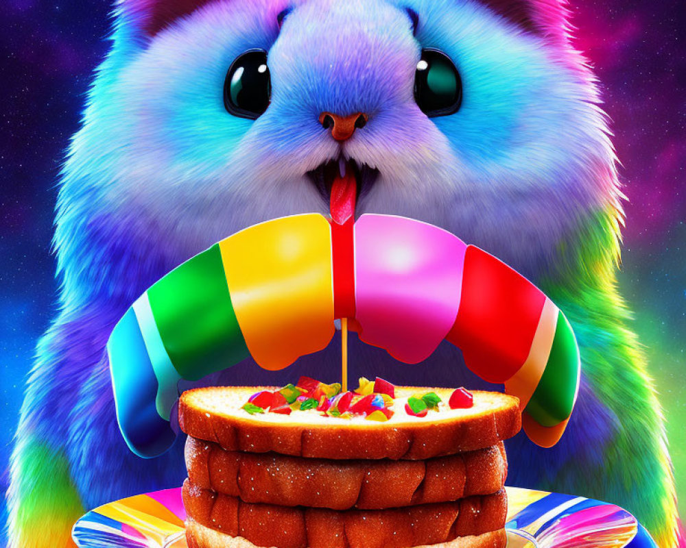 Colorful fluffy creature with sandwich on plate in psychedelic setting