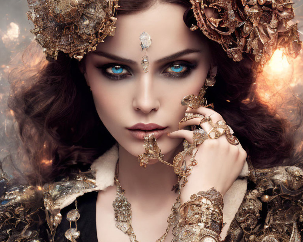 Woman with Blue Eyes in Golden Headgear and Vintage Jewelry - Elaborate Mechanical Details