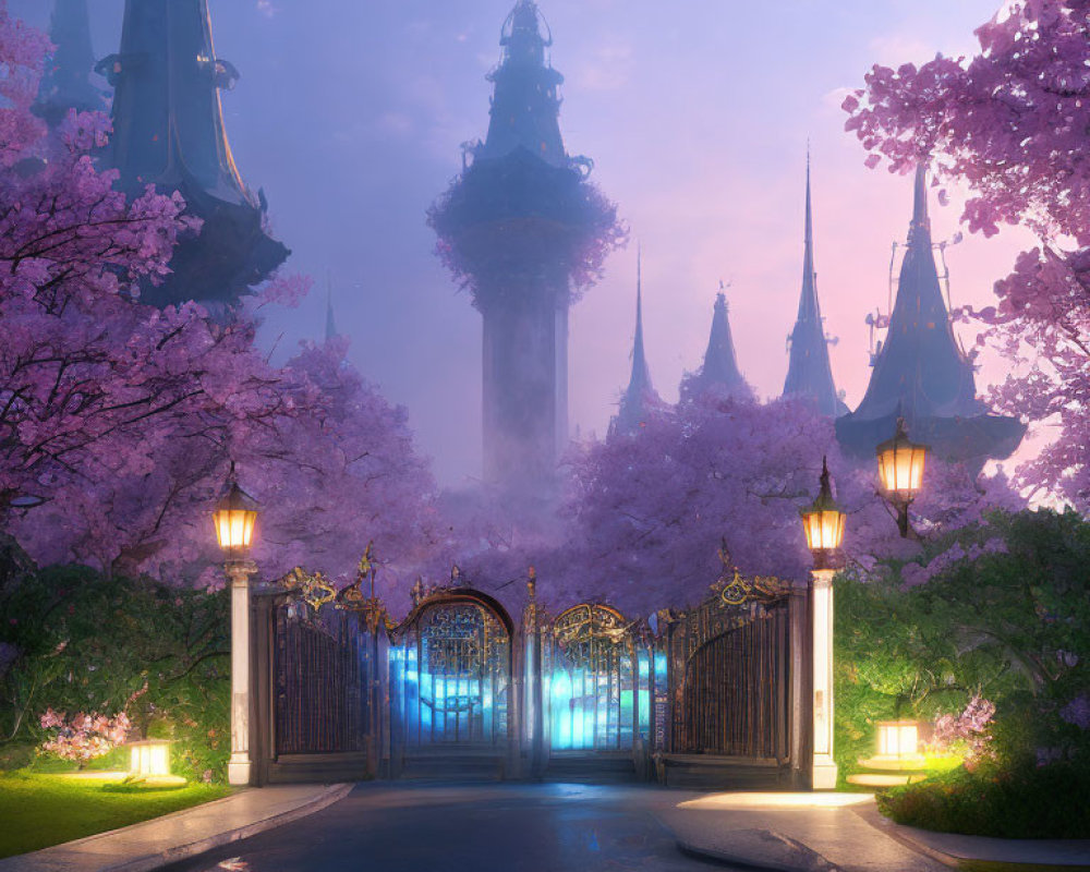 Cherry Blossom Gateway and Illuminated Tower in Twilight