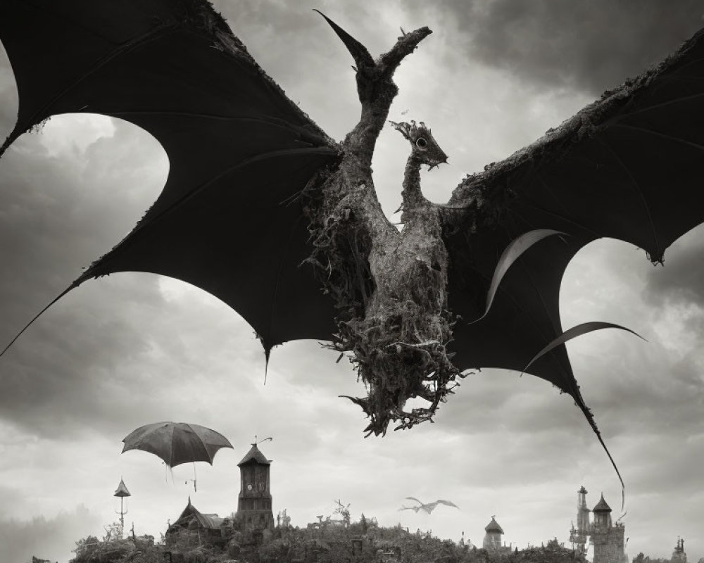 Surreal black and white dragon with wings over misty landscape