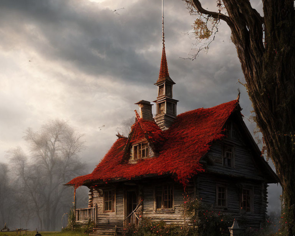 Rustic wooden cottage with red roof in moonlit forest landscape