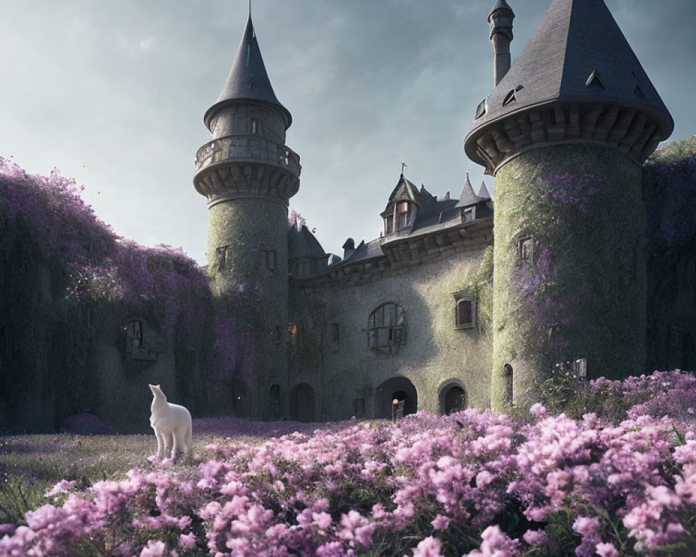 White Cat in Purple Flower Field by Enchanting Ivy-Covered Castle