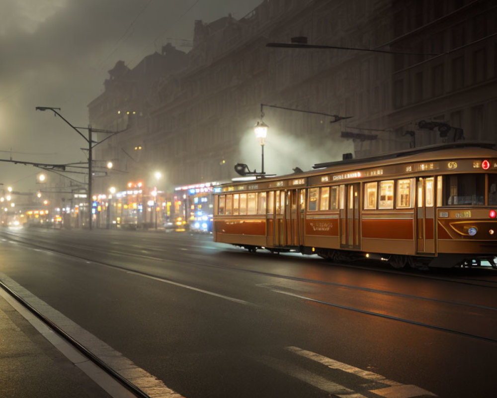 Vintage tram in foggy urban scene at dusk