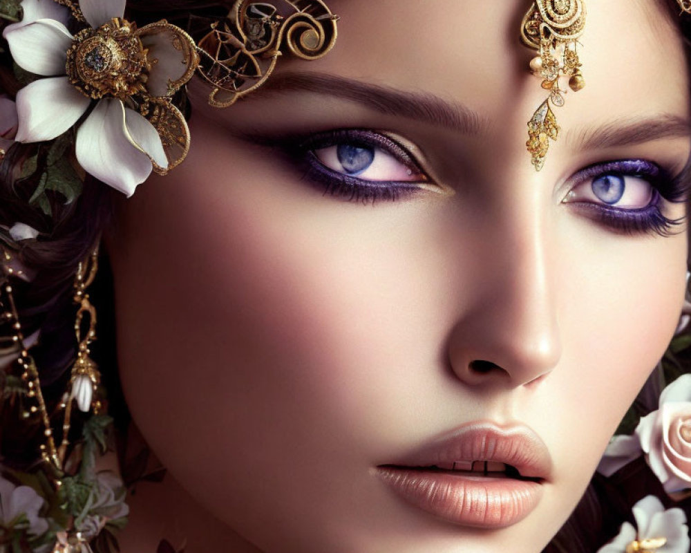 Detailed Digital Portrait of Woman with Striking Violet Eyes and Gold Jewelry