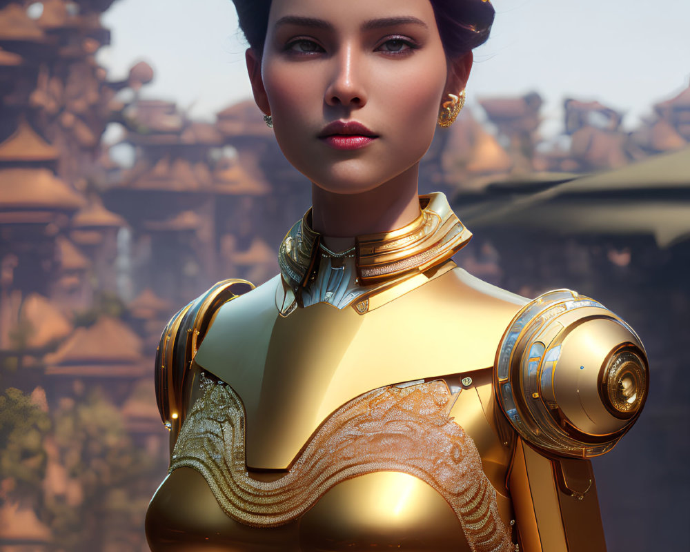 Futuristic digital artwork of woman in golden armor and intricate designs