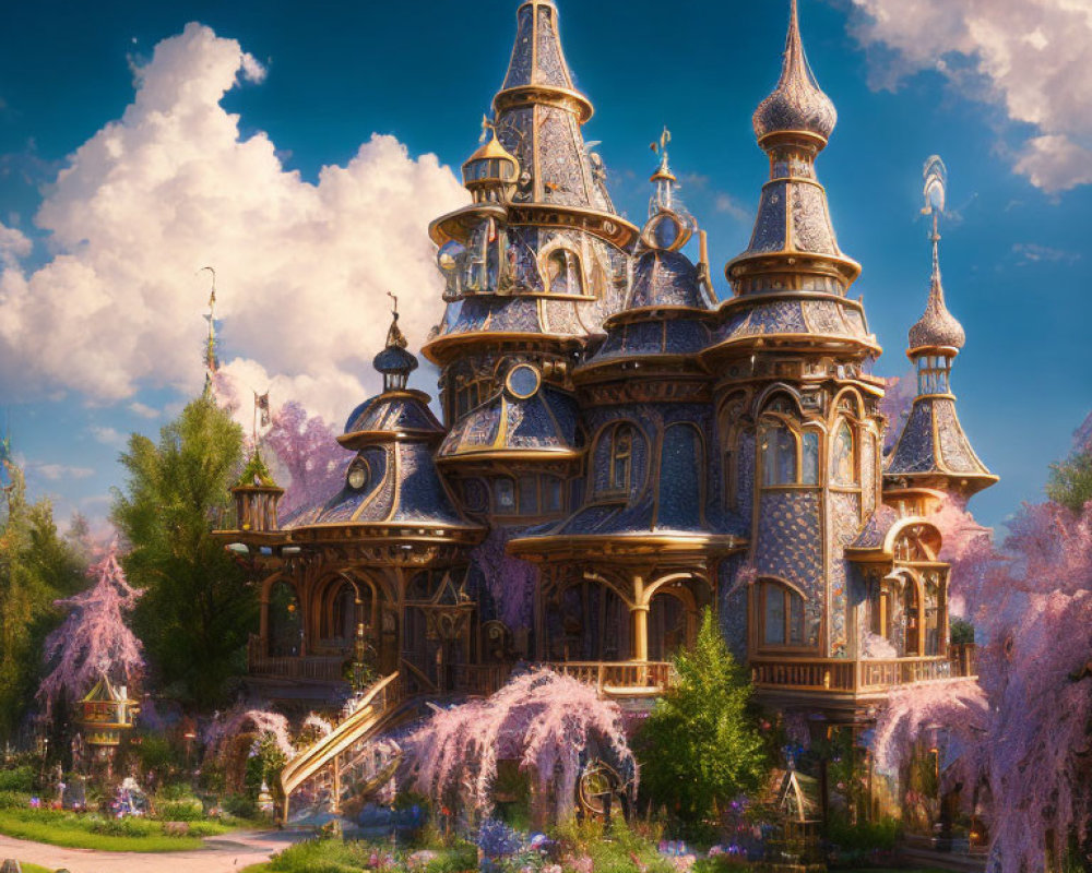 Fantasy castle with pink trees under blue sky