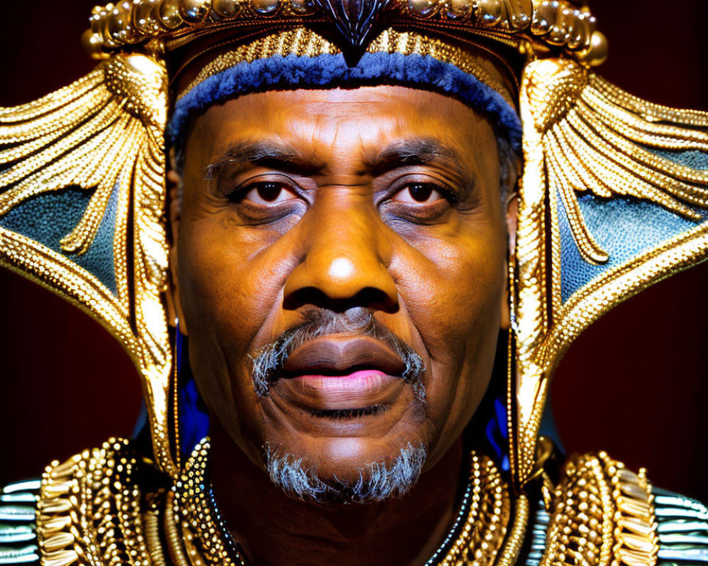 Detailed Close-Up of Person in Ornate Egyptian-Inspired Golden and Blue Headdress