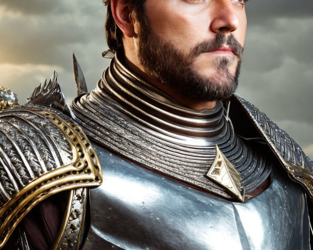 Medieval knight in armor with a beard under dramatic sky