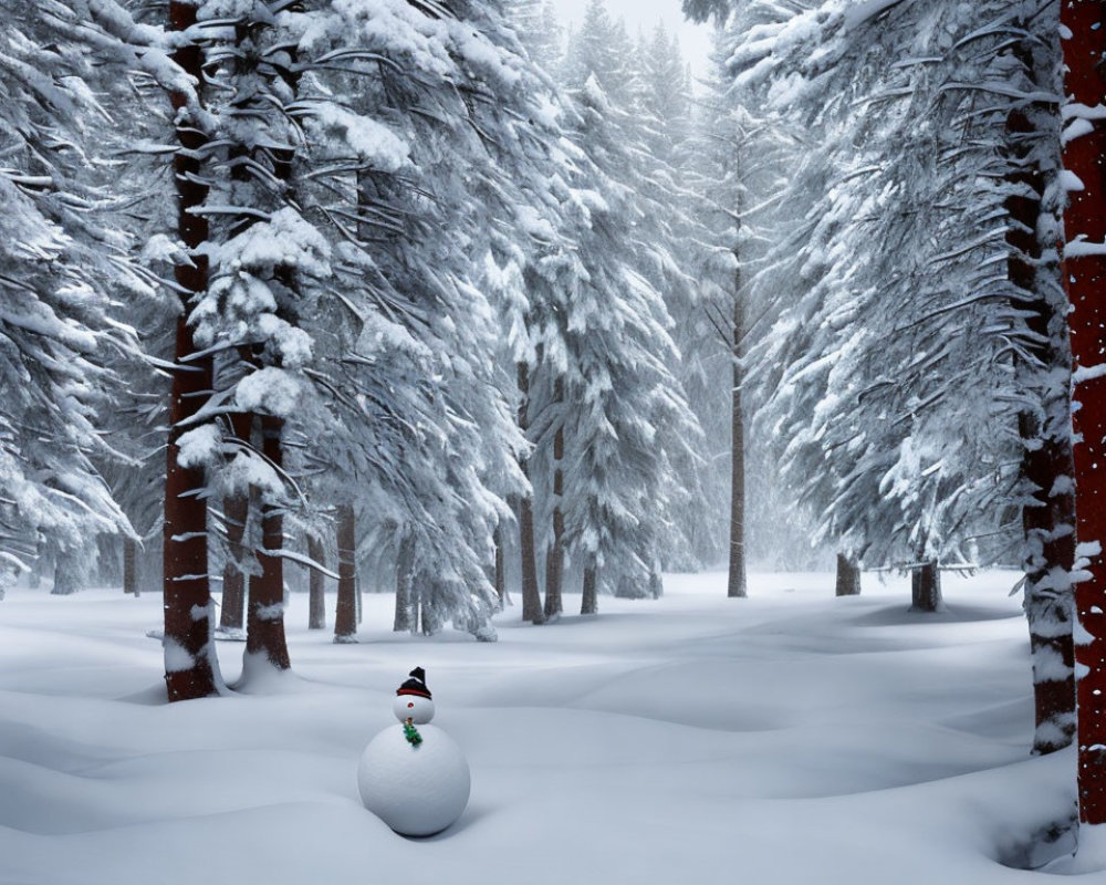 Snowman with black hat in snowy forest with pine trees.