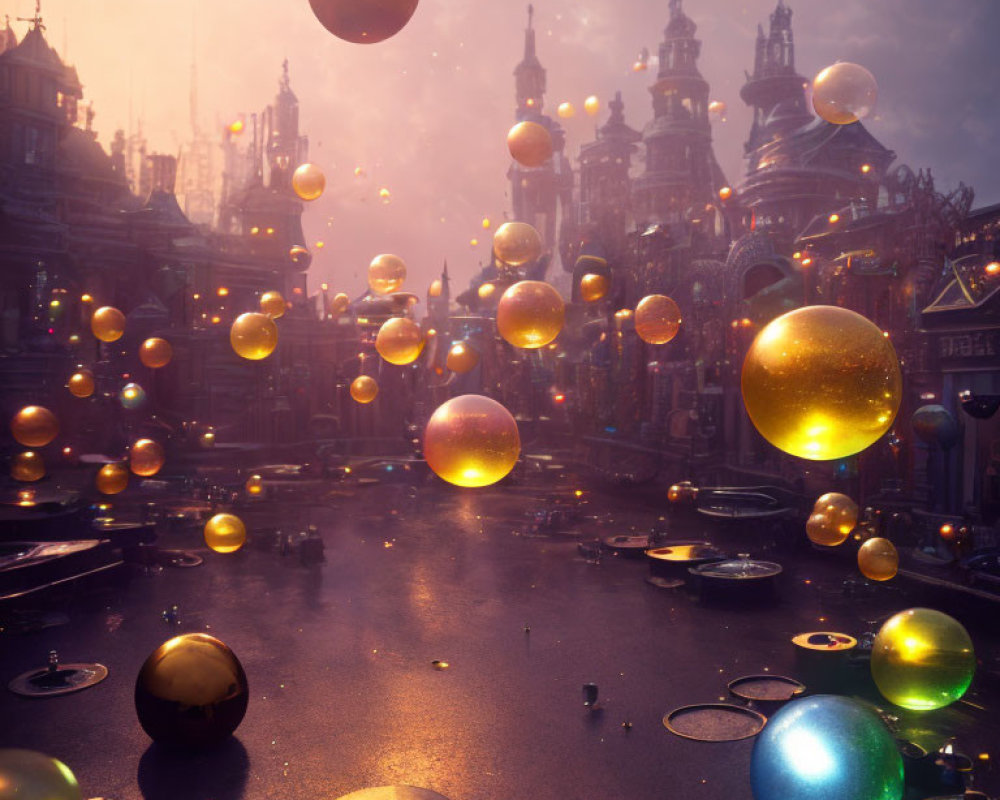 Fantastical cityscape at dusk with glowing orbs above wet cobblestones