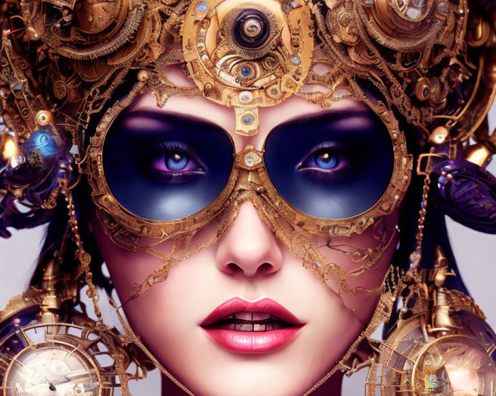 Steampunk-style headgear with gears, cogs, and metallic designs on a woman with vivid