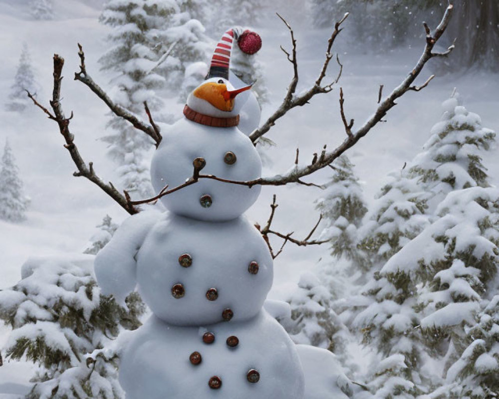 Cheerful snowman with carrot nose in snowy forest landscape