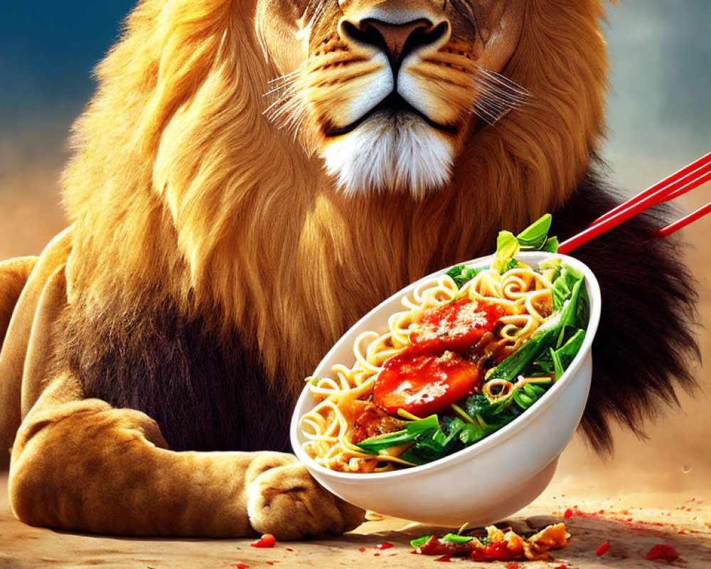 Majestic lion with bowl of noodles and vegetables under clear sky