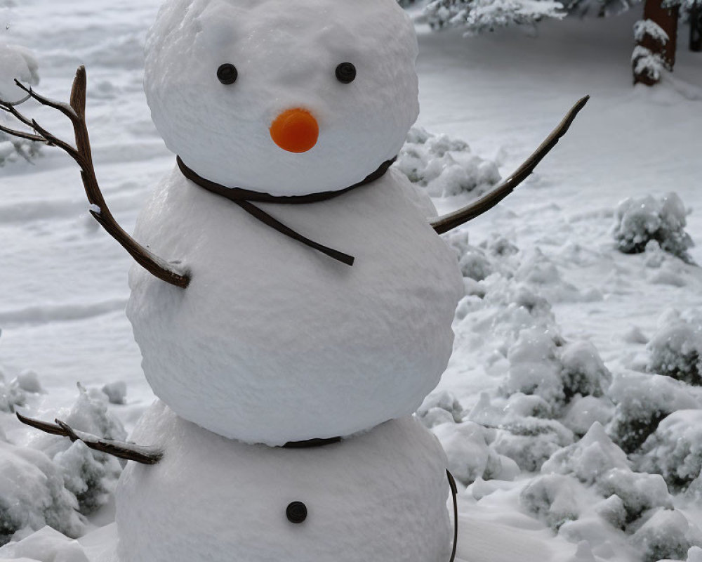 Snowman with stick arms and carrot nose in snowy landscape with frosty trees