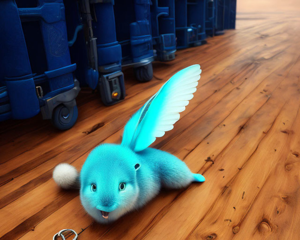 Blue animated creature with wings and key on wooden floor, suitcases in background