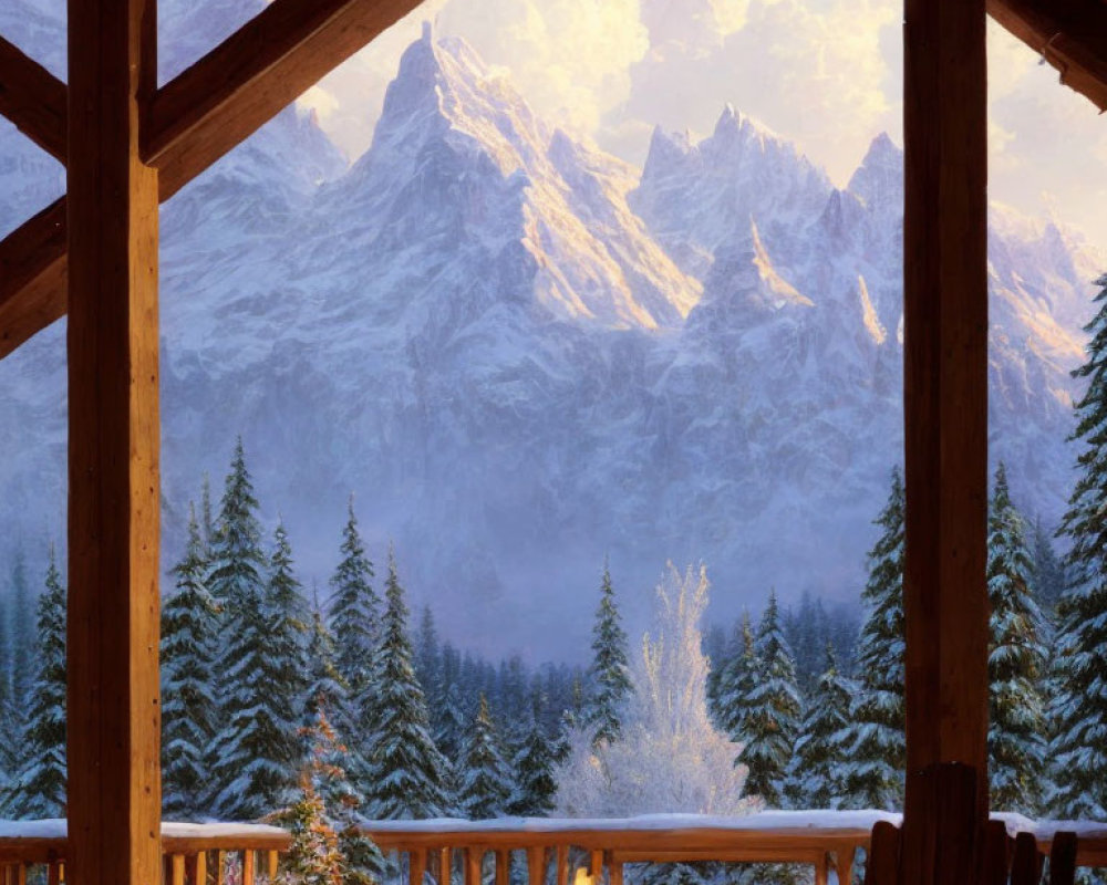 Winter mountain vista from cozy wooden balcony at dusk