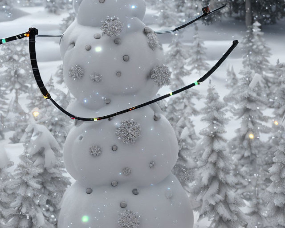 Snowman with Carrot Nose and Snowflake Decorations in Snowy Landscape