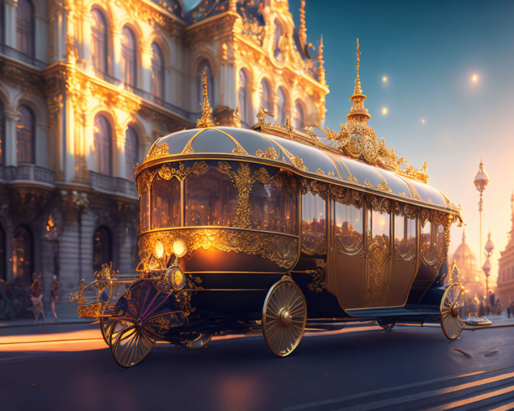 Intricate golden carriage on city road at sunset