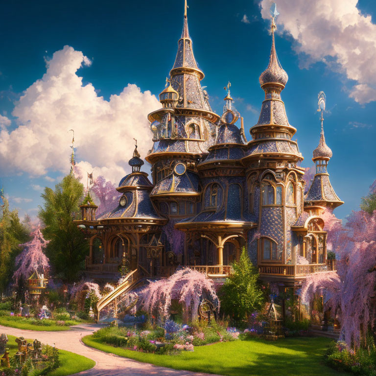 Fantasy castle with pink trees under blue sky