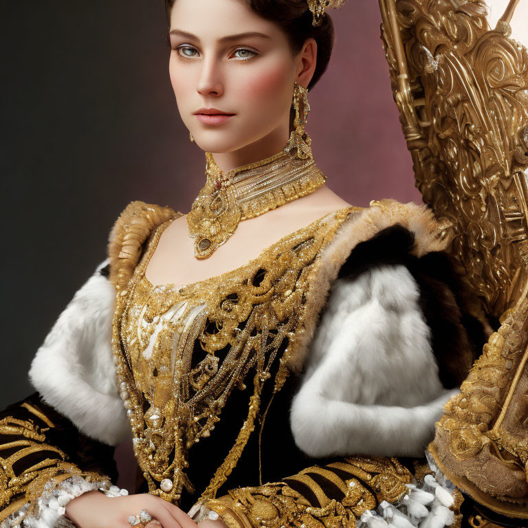 Historical woman in golden dress and jewelry by luxurious chair