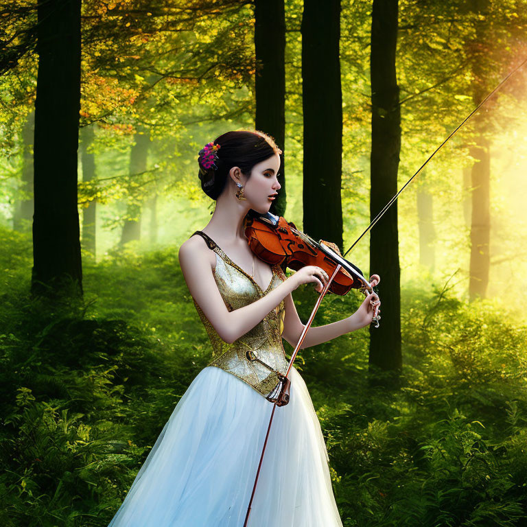 Woman in white dress plays violin in sunlit forest with flower in hair