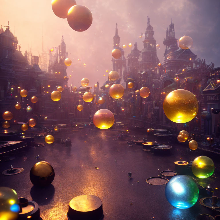 Fantastical cityscape at dusk with glowing orbs above wet cobblestones