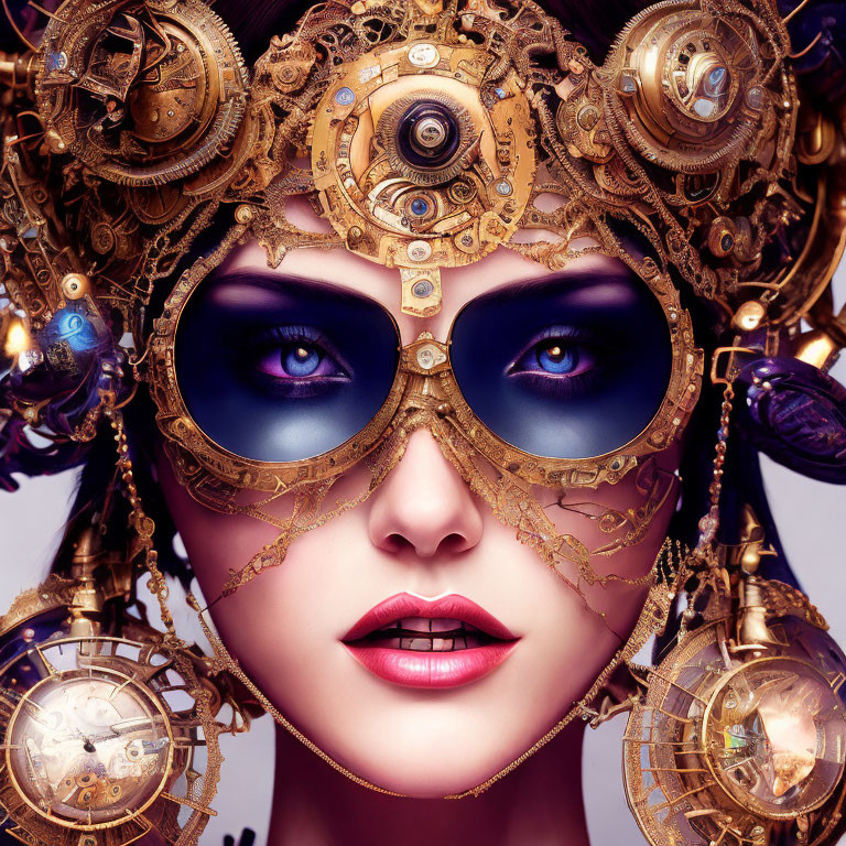 Steampunk-style headgear with gears, cogs, and metallic designs on a woman with vivid