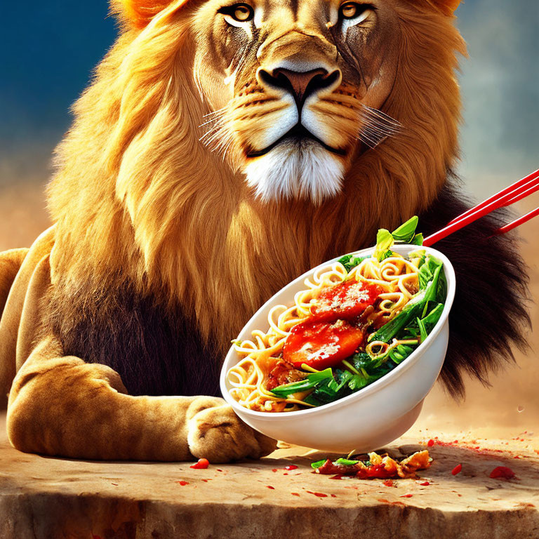 Majestic lion with bowl of noodles and vegetables under clear sky