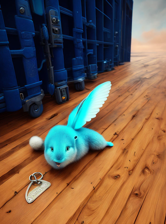 Blue animated creature with wings and key on wooden floor, suitcases in background