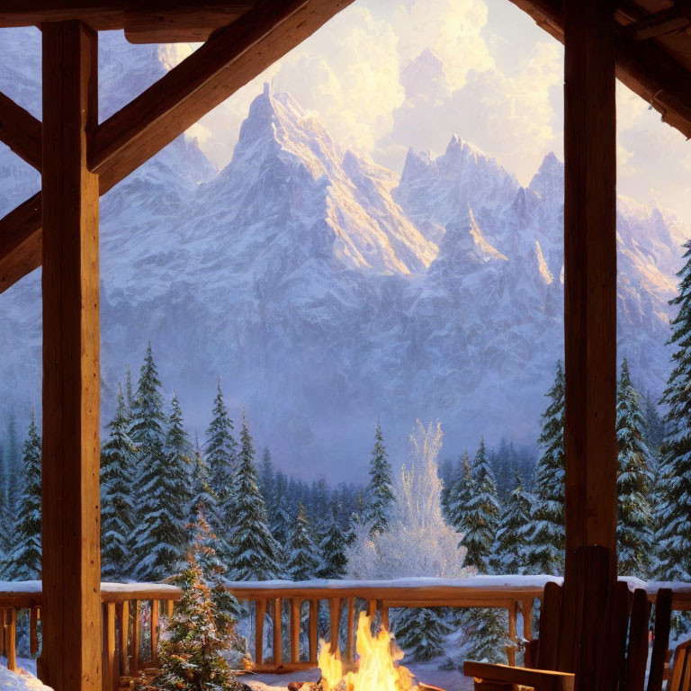 Winter mountain vista from cozy wooden balcony at dusk