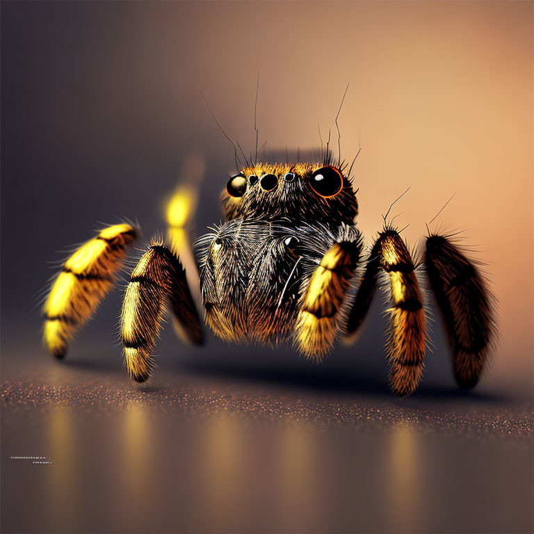 Jumping spider with prominent eyes and striped legs in close-up view