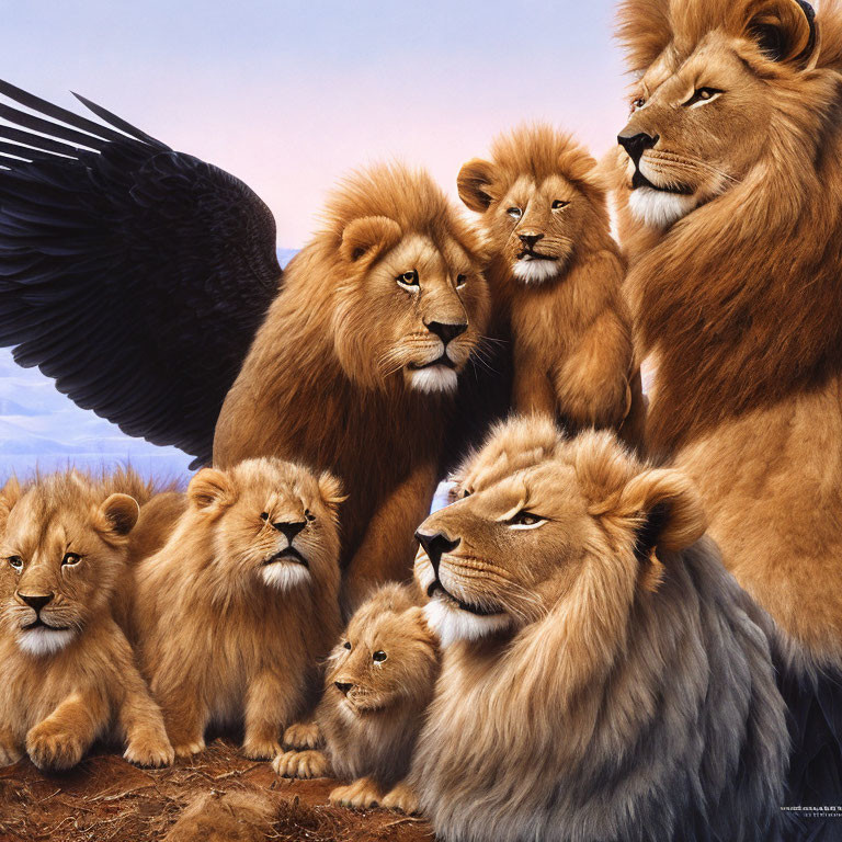 Majestic lions with cubs and eagle in nature landscape