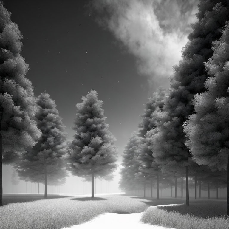 Monochromatic landscape with symmetric forest path under cloudy sky