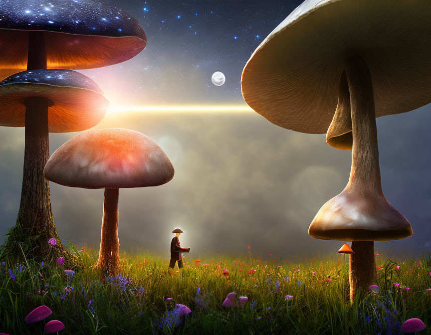 Twilight scene with oversized glowing mushrooms in mystical field