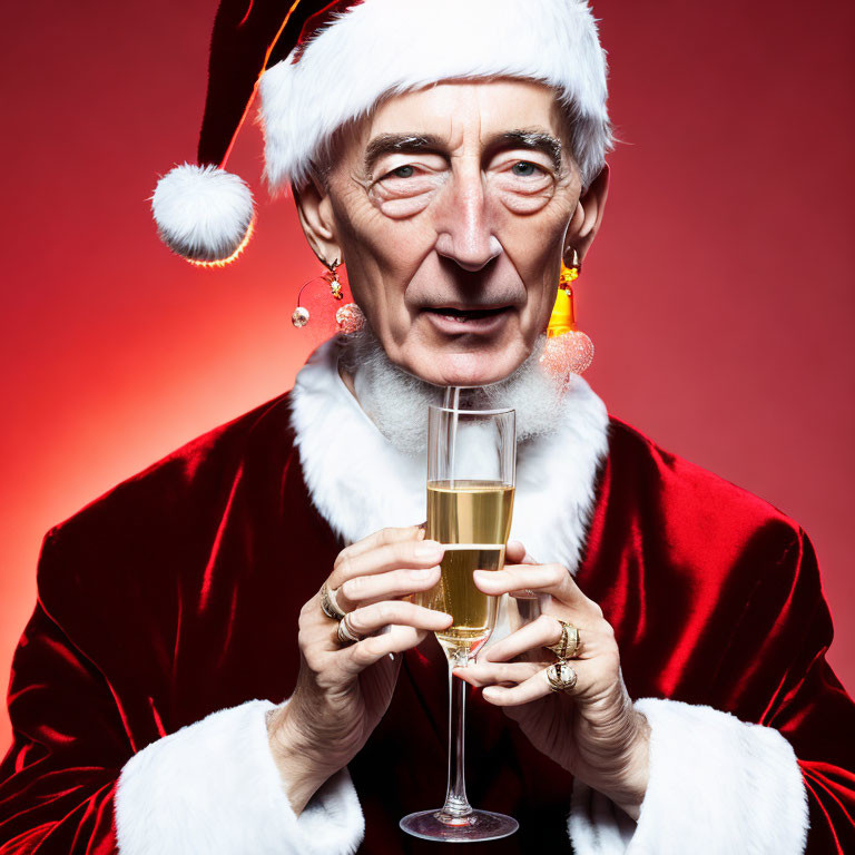 Santa Claus costume with festive hat and earrings holding champagne glass on red background