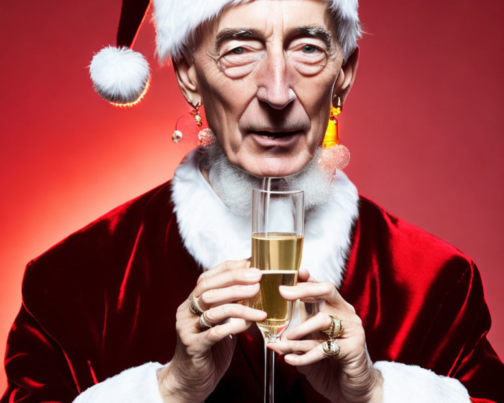 Santa Claus costume with festive hat and earrings holding champagne glass on red background