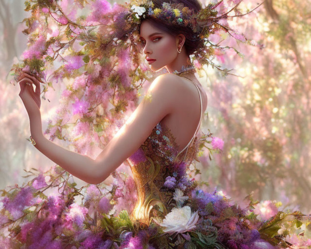 Woman in floral attire standing in pastel forest touching flower branch