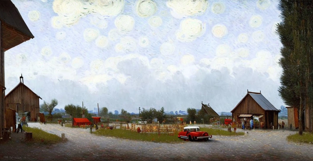 Whimsical rural landscape with multiple moons, barns, red car, and vintage attire