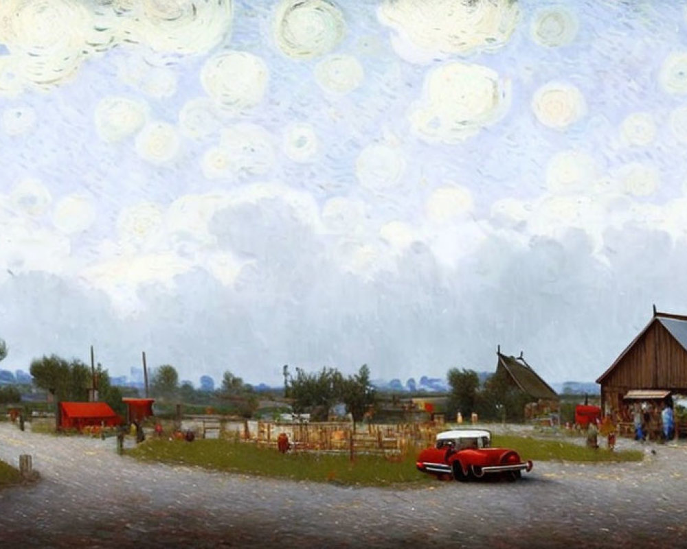 Whimsical rural landscape with multiple moons, barns, red car, and vintage attire