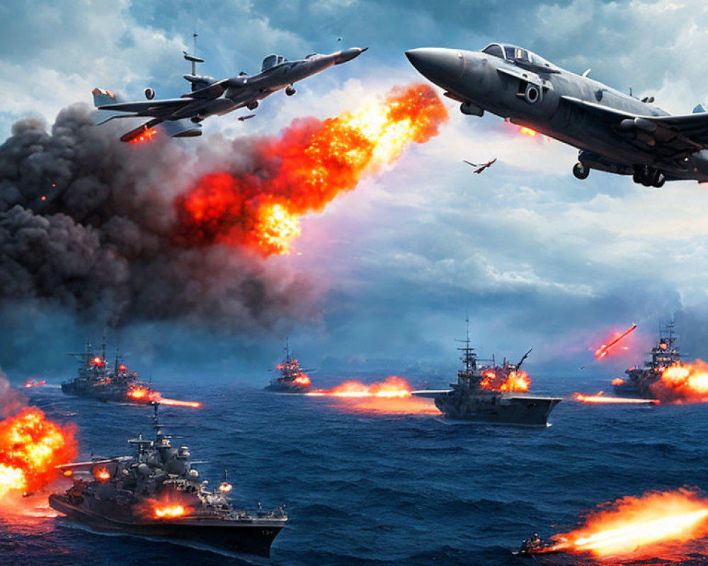 Military jets and naval ships in intense air and sea battle.